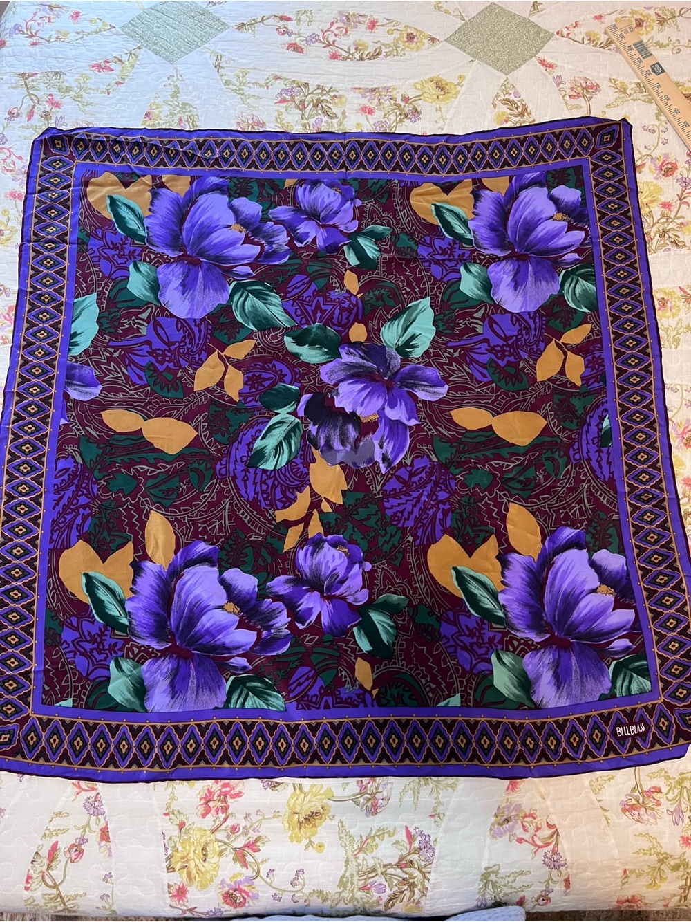 Vintage Bill Blass Purple Floral Silk Scarf Large Square Designer